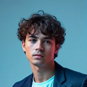 Portrait of a young man with curly hair wearing a dark blazer and light blue shirt against a blue background.