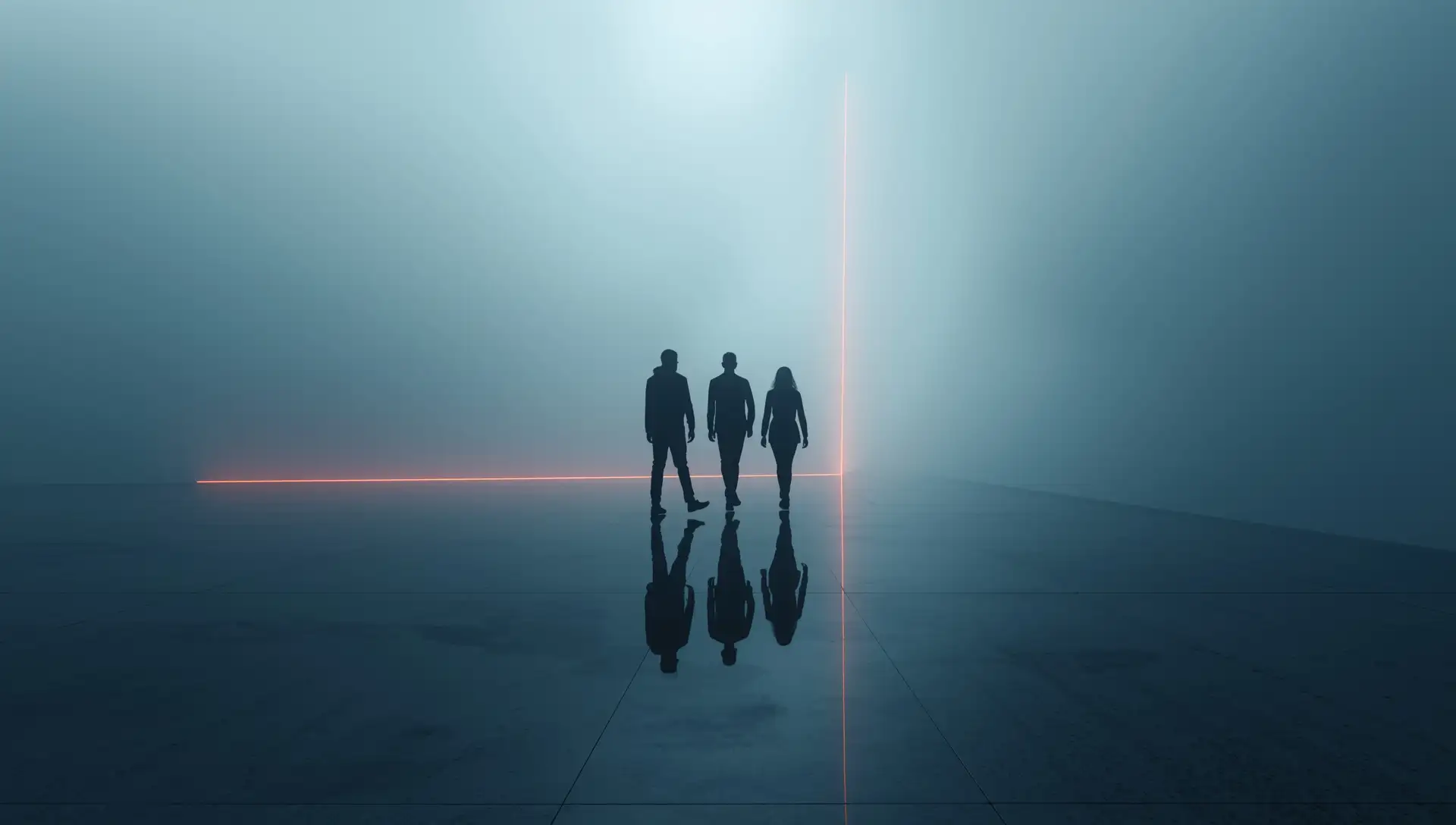 Silhouettes of three people walking toward a glowing vertical and horizontal red light intersection on a reflective dark floor.